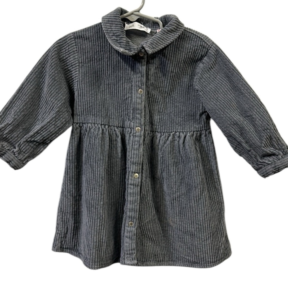 Zara Baby Corduroy Gray Snap Front Long Sleeve Dress 18 to 24 Months